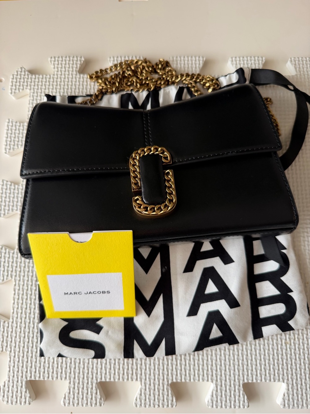 Marc Jacobs Black Leather Crossbody with Gold Chain & Logo Hardware